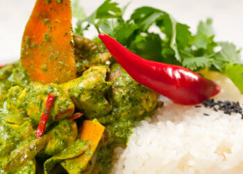 Close-up of Indo-Caribbean curry duck with white rice, red chilli, and coriander garnish