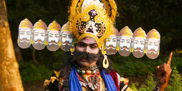 Large Ravana effigy burning during Dussehra 2025 celebrations in Leicester, symbolising the victory of good over evil.