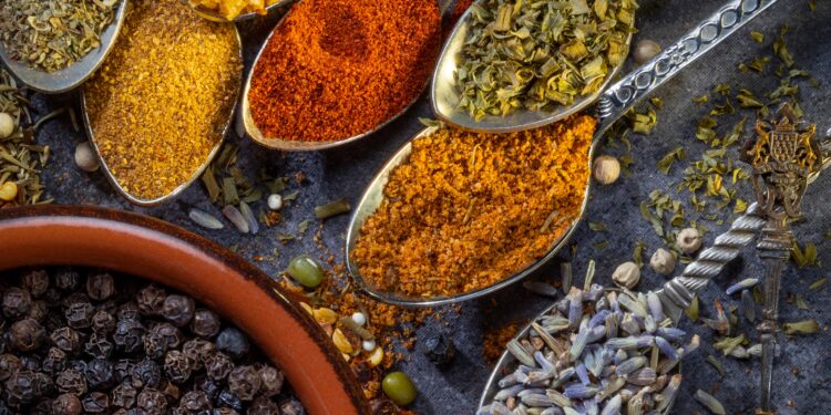 Assorted Indo-Caribbean spice blends and whole spices displayed in metal spoons, including turmeric, chilli powder, dried herbs, and black peppercorns on a rustic surface.