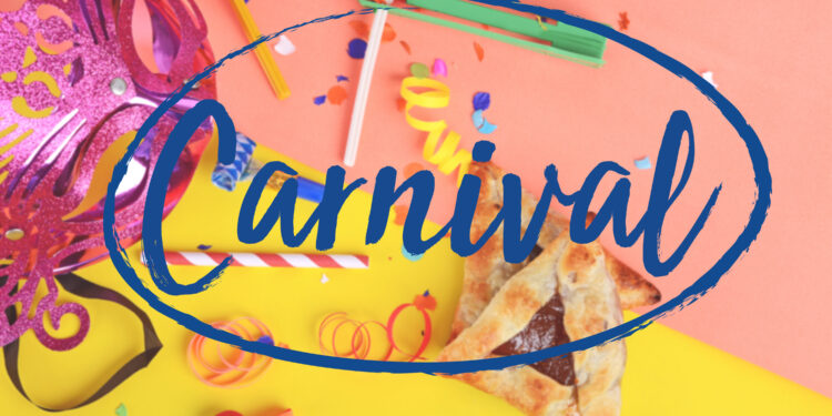 Colourful Trinidad Carnival street food stall serving doubles, pholourie, and corn soup with vibrant festival decorations and crowds in the background.