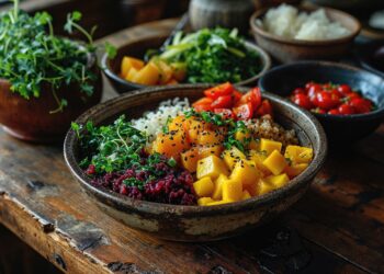 Caribbean vegetarian lunch bowl with rice, roasted vegetables, greens and colourful healthy toppings