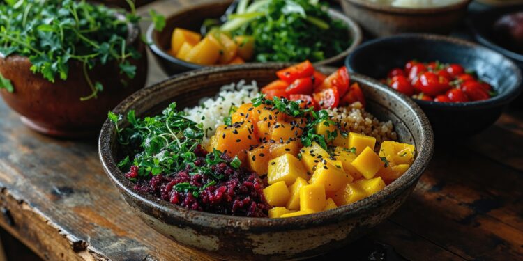 Caribbean vegetarian lunch bowl with rice, roasted vegetables, greens and colourful healthy toppings