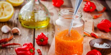 Jar of homemade Caribbean pepper sauce made with red chillies and habanero peppers on a rustic wooden table, surrounded by fresh peppers, garlic, lemon, and oil.