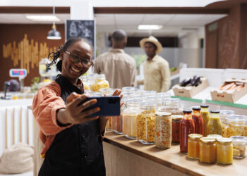 Bustling UK food market stall serving Caribbean, African and Asian street food with colourful dishes, spices, and customers enjoying global flavours.